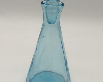 MCM Teal Blue Art Glass Decanter w/Stopper Hand Blown Genie Bottle 6”