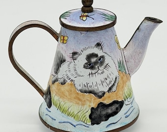 Vintage Kelvin Chen Enameled Hand Painted Cat Miniature Tea Pot 3.5”H Rare