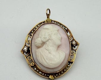 Vintage 10K Yellow Gold Large Shell Cameo Brooch Pin Pendant