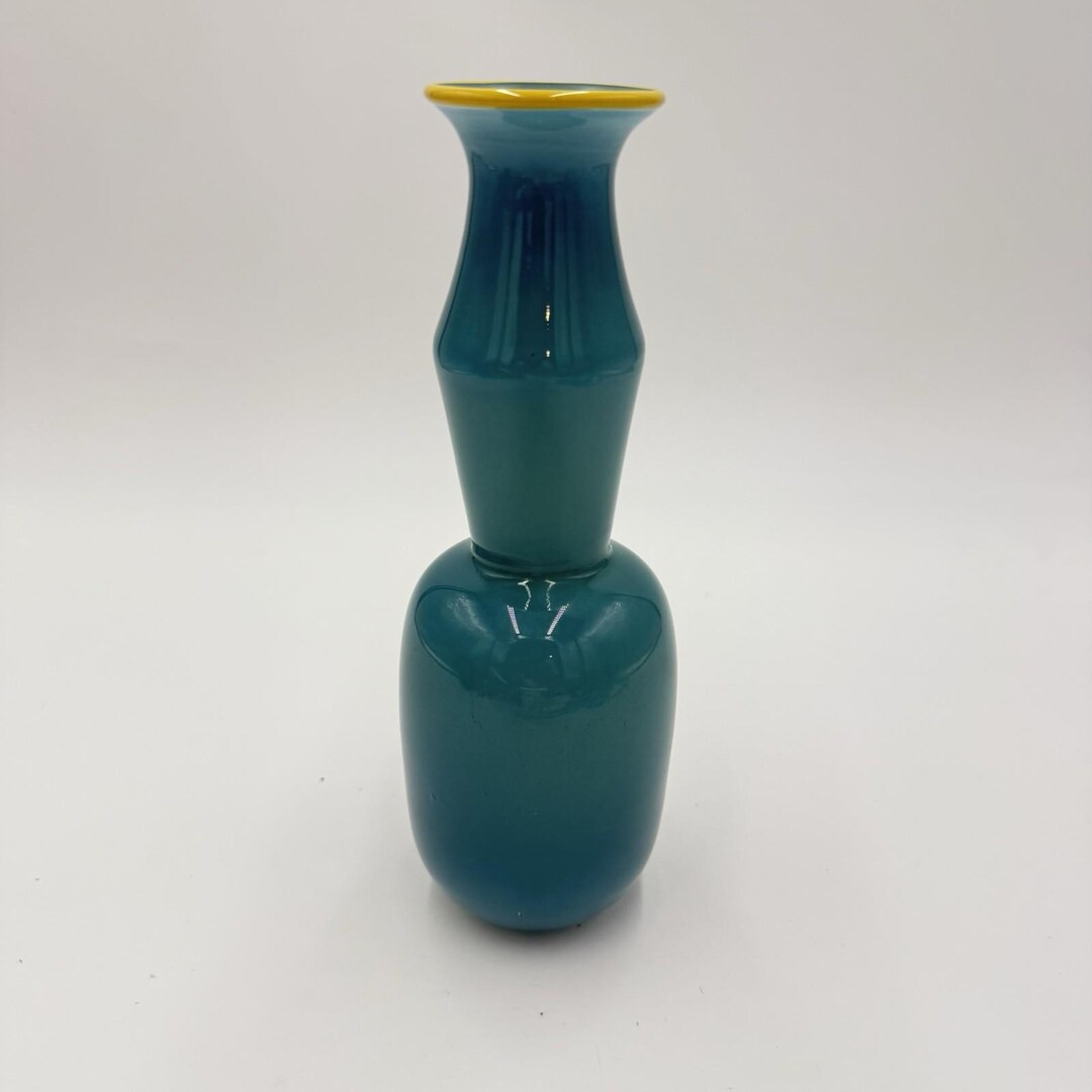 Studio PARAN Hand Blown Art Glass Vase Aqua Color 7.5” Signed Yellow ...