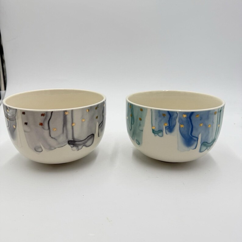 Anthropologie Night Sky Bowl Stoneware Blue Teal Drip Watercolor Wash Gold Star image 7