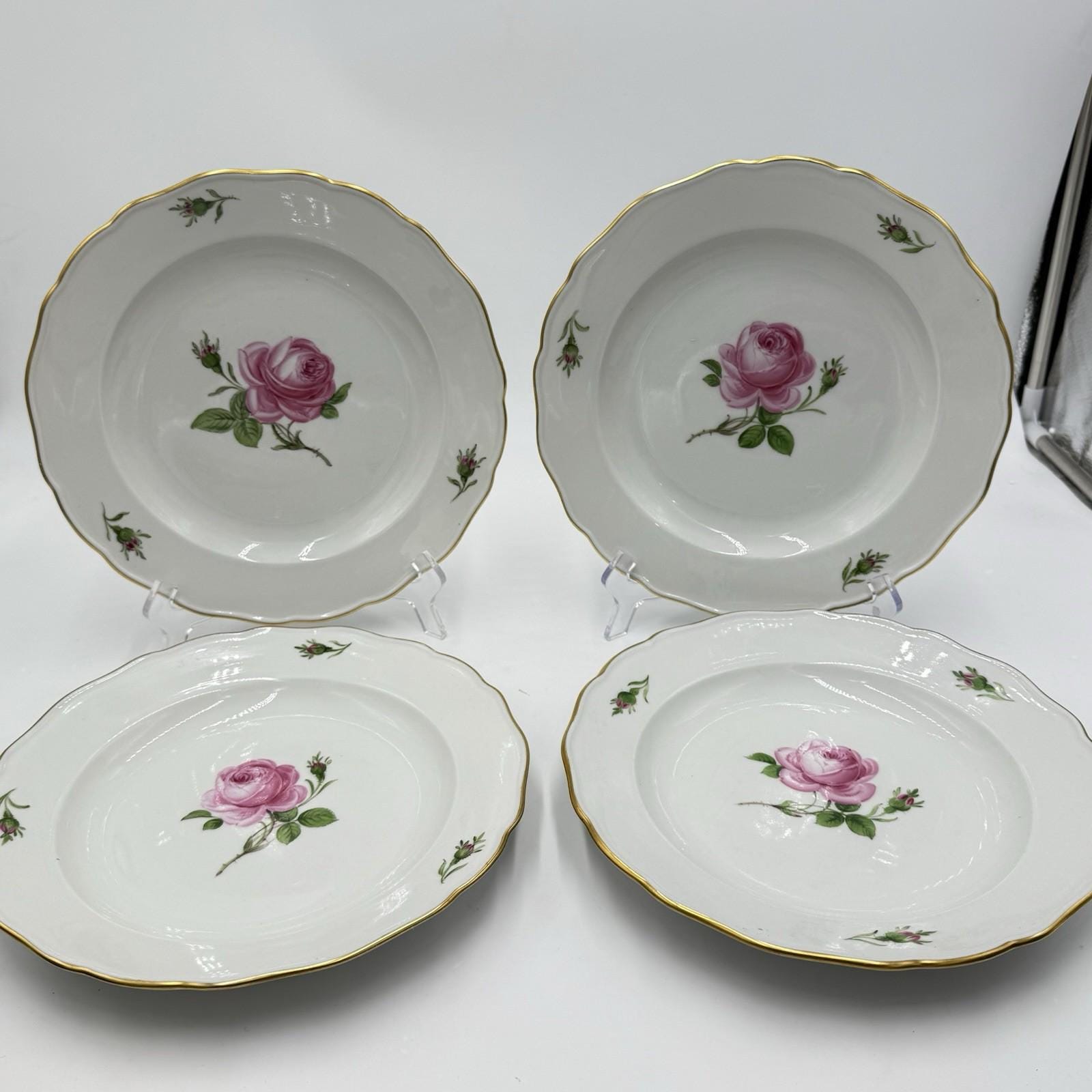 Meissen Porcelain Germany Pink Roses Deep Dinner Plates 9.5”x1” Circa 1920 Set