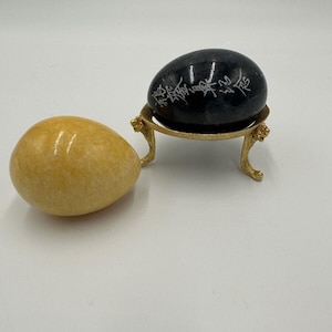 Alabaster Marble Eggs Stone 3in Etching Asian Words Yellow Black Vintage Easter
