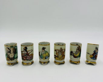 Vintage Japanese Kutani ware sake cups Gold Rim 6 Pieces Hand Painted