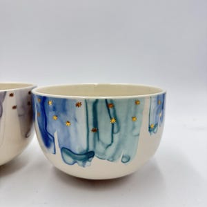 Anthropologie Night Sky Bowl Stoneware Blue Teal Drip Watercolor Wash Gold Star image 3