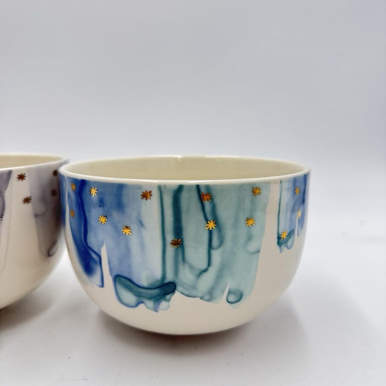 Anthropologie Night Sky Bowl Stoneware Blue Teal Drip Watercolor Wash Gold Star image 3