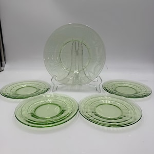 Hocking 1930’s Block Optic 6” Green Depression Glass Plates Dessert Uranium 5 PC