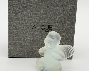 Lalique France Angel Cherub Singing Malizioso Clear Frosted Glass 3" Figurine