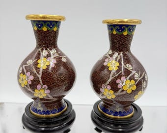 ヴィンテージ七宝焼き 桜 ブラウン ミニ花瓶 真鍮 中国製 4インチ ペア
