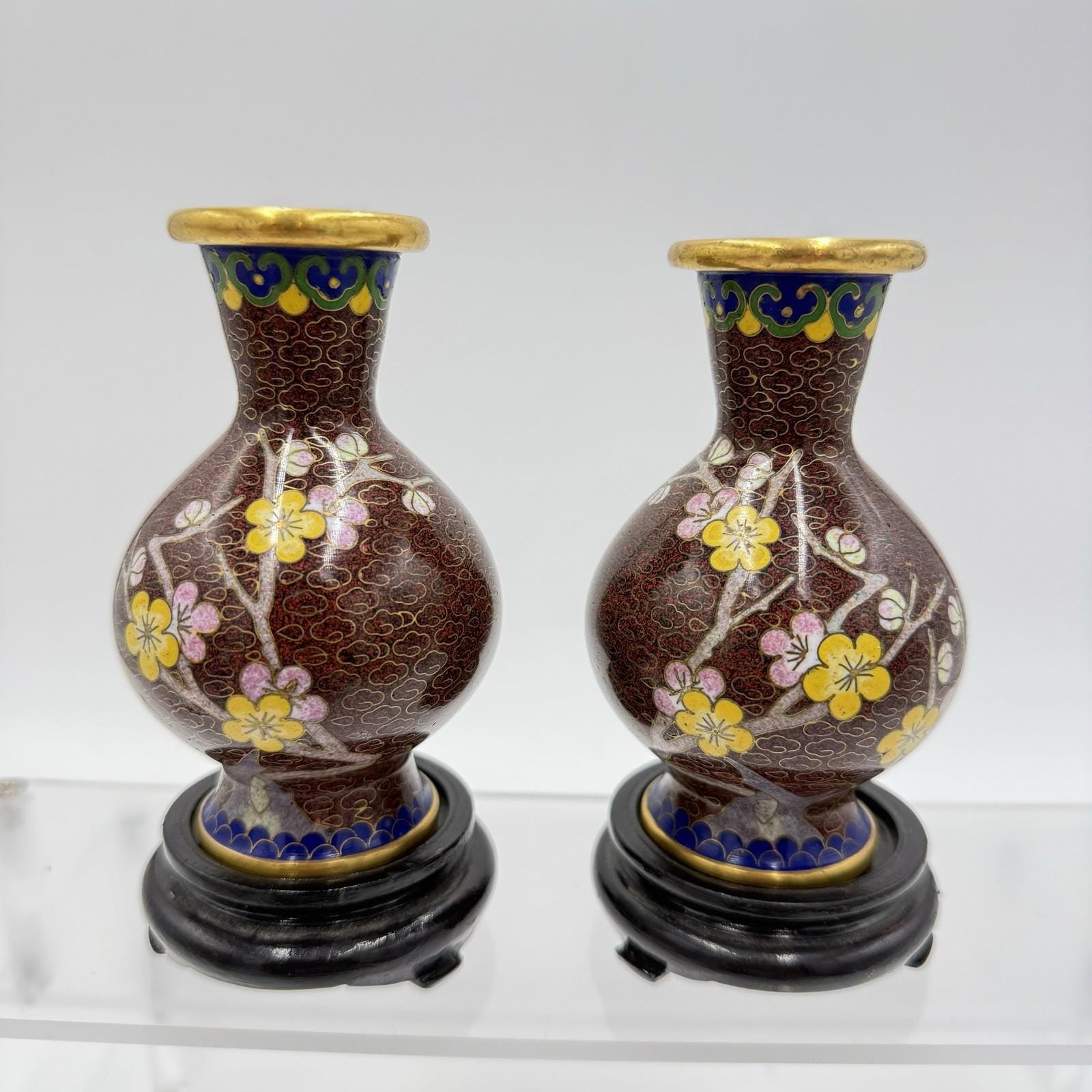 ヴィンテージ七宝焼き 桜 ブラウン ミニ花瓶 真鍮 中国製 4インチ ペア