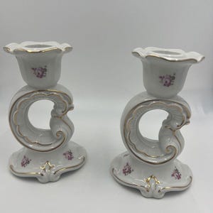 Weimar Candle Holders Porcelain Floral Gold Trim Germany Vintage Set of 2