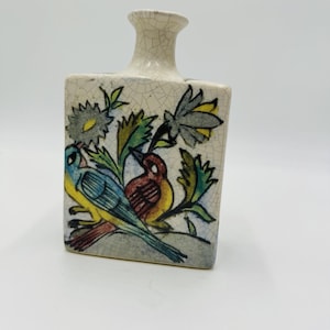 Pottery Barn Ikat Crackled Flower Vase Floral Birds 7” Original PB Sticker