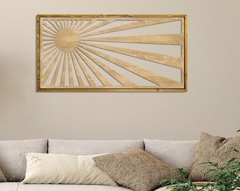 Boho-Sonnenmosaik-Holzwandkunst, große Holzwandkunst, geometrische Sonnenholzwandplatte, Boho-Wandkunst, Wanddekoration über dem Bett, bunte Wandkunst