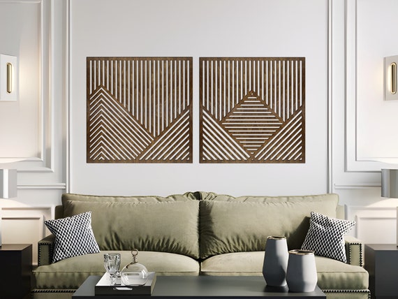 Mountain Wood Wall Art, Set Of 3 Geometric Mountain Panels, Circle Wood