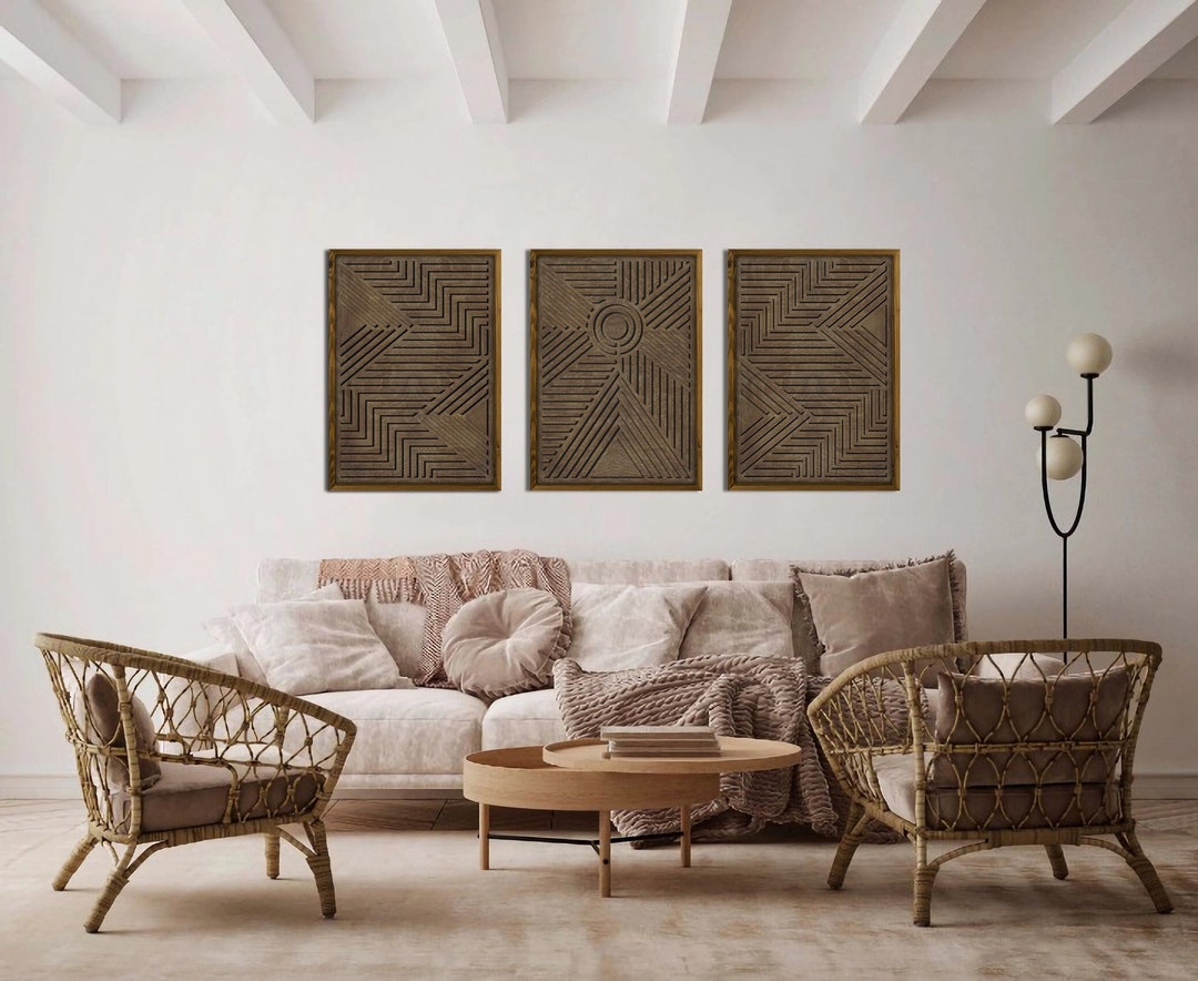 3 Piece Large Geometric Wooden Wall Art Set, Mid Century Modern Wood ...