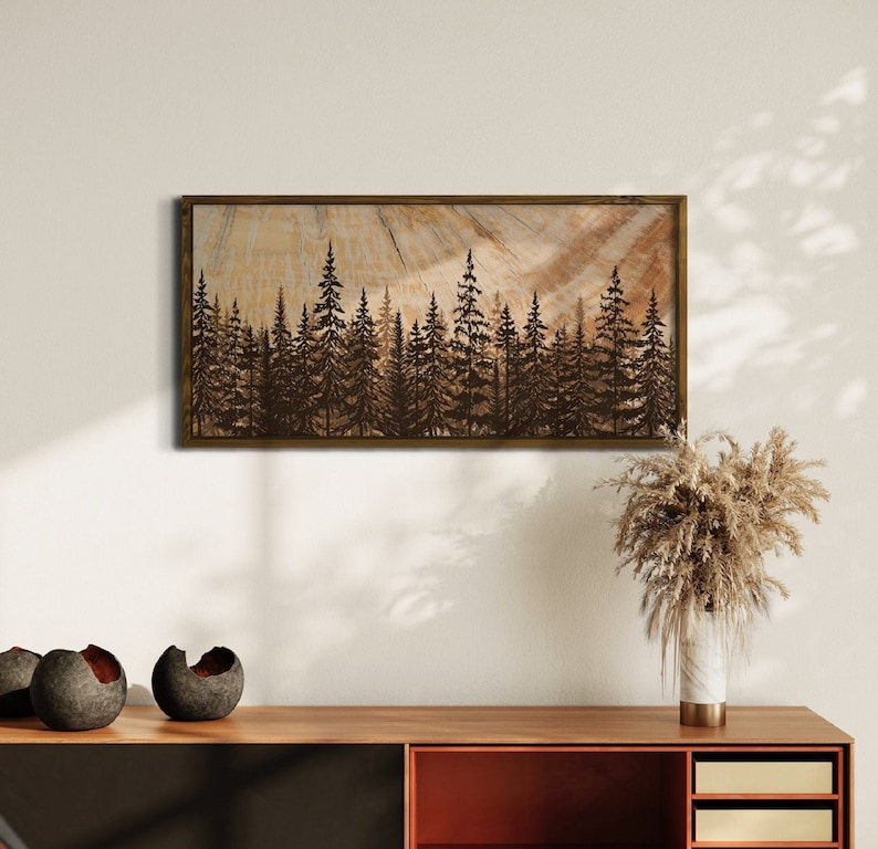Framed forest print on wood, large wall art, wood wall art, wooden boho modern decor, wall decor over the bed, mothers day gift image 6