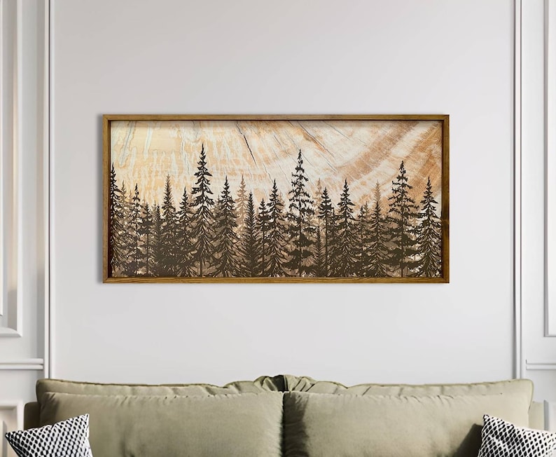 Framed forest print on wood, large wall art, wood wall art, wooden boho modern decor, wall decor over the bed, mothers day gift image 8