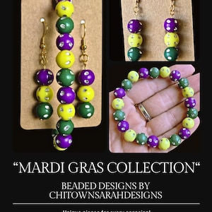 Mardi Gras Beaded Earrings & Bracelet Set | Purple Green Gold Carnival Jewelry