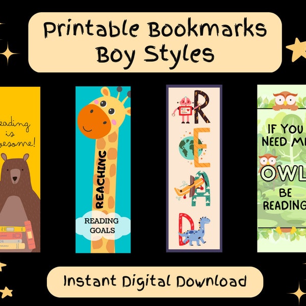 Boys Beginner Reader Bookmark Set/Kids Digital Bookmarks/Printable Kids Bookmarks/Reading Gifts For Kids/Instant Download