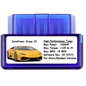 Puede incluir: Un sintonizador de alto rendimiento DynaPower Stage 20 azul. El dispositivo presenta un gráfico de coche deportivo amarillo y texto que indica mejoras de rendimiento, incluyendo +200HP y +170 Nm de par. Software Rev. 33 (2024).