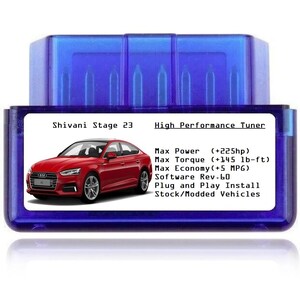 Könnte beinhalten: Ein blaues und weißes Gerät mit dem Text "Shivani Stage 23 High Performance Tuner" und einem Bild eines roten Audi. Das Gerät bietet Leistungsoptimierungsspezifikationen, darunter Leistungssteigerungen, Drehmoment und Kraftstoffeinsparungen. Es erwähnt auch die Plug-and-Play-Installation für sowohl serienmäßige als auch modifizierte Fahrzeuge.