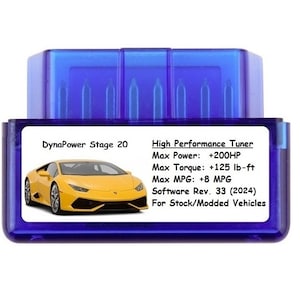 May include: A blue and purple device with the text "DynaPower Stage 20" and "High Performance Tuner" on it. The device has a yellow Lamborghini car image on it. The text also includes "Max Power: +200HP", "Max Torque: +125 lb-ft", "Max MPG: +8 MPG", "Software Rev. 33 (2024)", and "For Stock/Modded Vehicles".