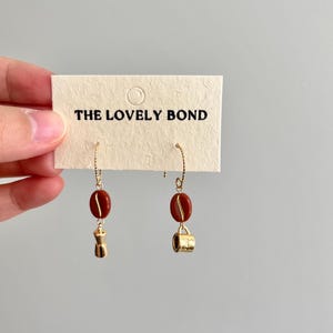 Mismatch Coffee Earrings, Mug & Moka Pot with Coffee Bean, Gold Plated Brass Hooks, Whimsical Dangle Earrings, Cute Gift for Coffee Lovers
