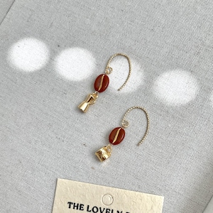 Mismatch Coffee Earrings, Mug & Moka Pot with Coffee Bean, Gold Plated Brass Hooks, Whimsical Dangle Earrings, Cute Gift for Coffee Lovers
