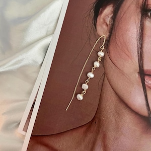 Baroque Pearl Threader Earrings, Dainty Freshwater Pearl Line, Long Chain Pull Through Earrings, Modern Minimalist Wedding Jewelry