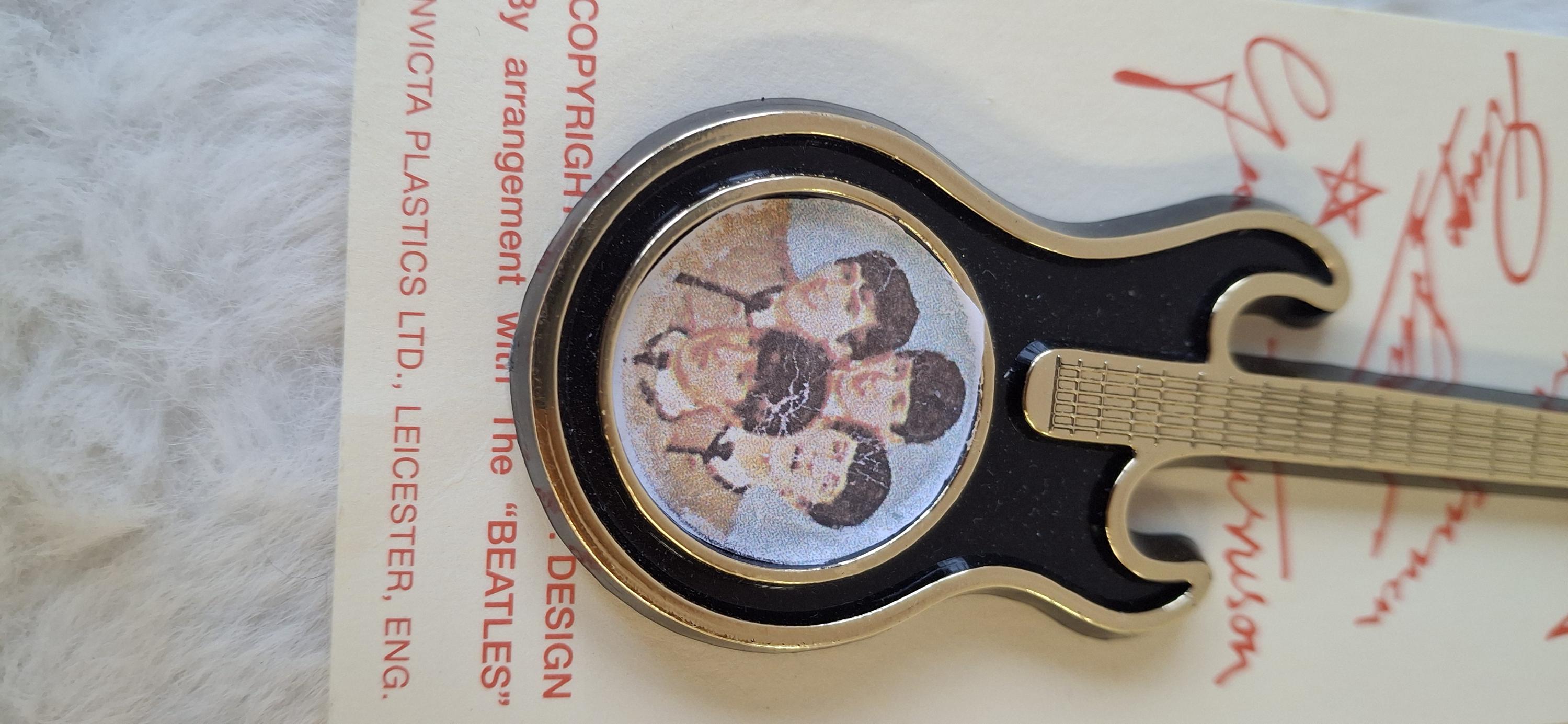 1970s Beatles Guitar Brooch With Band Portrait, Invicta Plastics