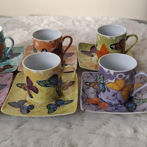 SILEA Fine Porcelain Espresso Set Boxed Cups & Saucers Butterfly Design