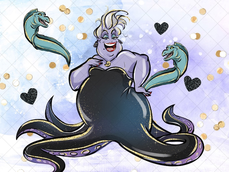 May include: A cartoon illustration of Ursula, the sea witch from The Little Mermaid, with her purple skin, black hair, and a black and gold octopus tail. She is wearing a black dress and a gold necklace.