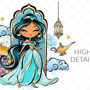 Jasmine Clipart, Arabian Princess PNG, Tiger, Monkey, Castle, Hand Drawn, Cute Glitter Kids Art, Decoration, Watercolor Fabric ,POD image 5