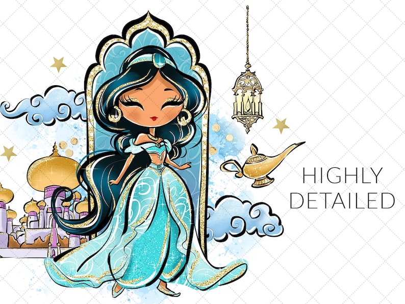 Jasmine Clipart, Arabian Princess PNG, Tiger, Monkey, Castle, Hand Drawn, Cute Glitter Kids Art, Decoration, Watercolor Fabric ,POD image 5