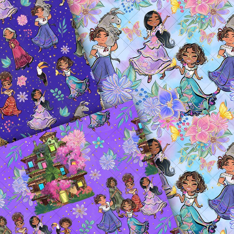 May include: A digital paper pack with a purple, blue, and light blue background featuring illustrations of girls in colourful dresses, flowers, and a house. The girls are holding a donkey, a toucan, and butterflies.