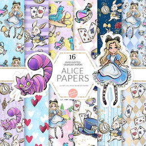 Papier numérique Alice au pays des merveilles, chat du Cheshire, chapelier fou, fête du thé, motif sans couture, tissu pour enfants, JPG haute résolution, fournitures POD personnalisées