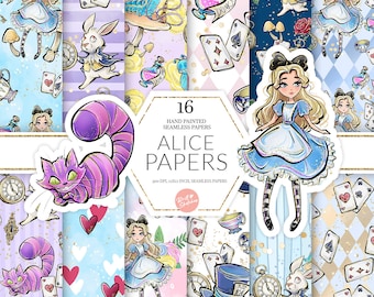 Alice in Wonderland Digital Paper, Cheshire Cat, Mad Hatter, Tea Party, Seamless Pattern, Kids Fabric, High Res JPG, Custom POD Supplies