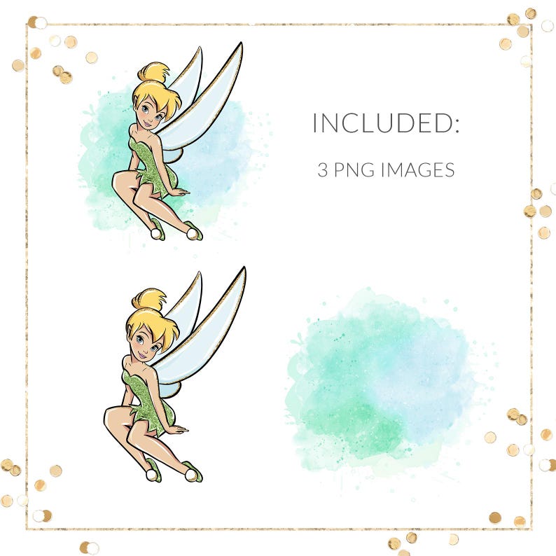 May include: A digital illustration of Tinkerbell, a fairy with green wings and a green dress, sitting on a blue and green watercolor background. The text "INCLUDED: 3 PNG IMAGES" is below the image.