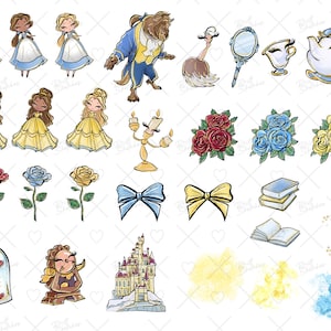May include: A set of digital clipart featuring characters and objects from the classic fairy tale Beauty and the Beast. The set includes Belle, the Beast, a teacup, a rose, a book, a castle, and more.