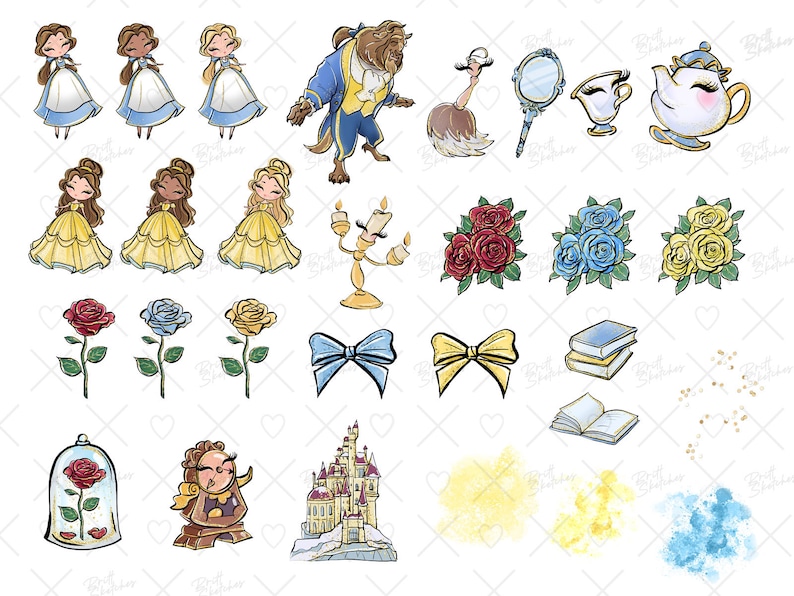 May include: A set of digital clipart featuring characters and objects from the classic fairy tale Beauty and the Beast. The set includes Belle, the Beast, a teacup, a rose, a book, a castle, and more.