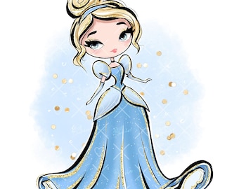 May include: A cartoon illustration of a princess wearing a blue ball gown with gold glitter accents. The princess has blonde hair and blue eyes. The background is a light blue watercolour wash with gold glitter dots.