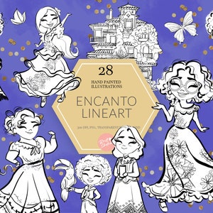 May include: A set of 28 hand-painted line art illustrations featuring characters and a house from the animated film Encanto. The illustrations are in black and white and are set against a purple background with gold glitter.