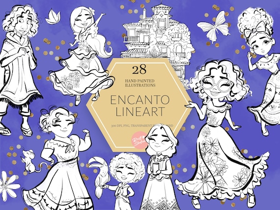 Encanto Black & White Clipart, Doodle, Linart, Mirabel PNG, Luisa, Isabela, Casita, Madrigal Family, High Res, Hand Drawn, Kids, Sublimation