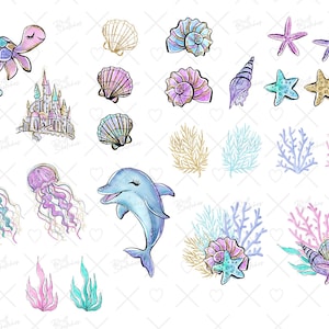 May include: A set of watercolour illustrations featuring a variety of sea life and underwater scenes. The illustrations include a sea turtle, a dolphin, jellyfish, seashells, coral, starfish, and a castle. The illustrations are in shades of blue, pink, purple, and gold.
