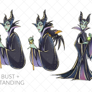 May include: A digital illustration of Maleficent from Disney's Sleeping Beauty. She is depicted in three poses: standing, bust, and bust with her raven. She is wearing a black and gold gown with a pointed hat and holding a staff with a green orb.