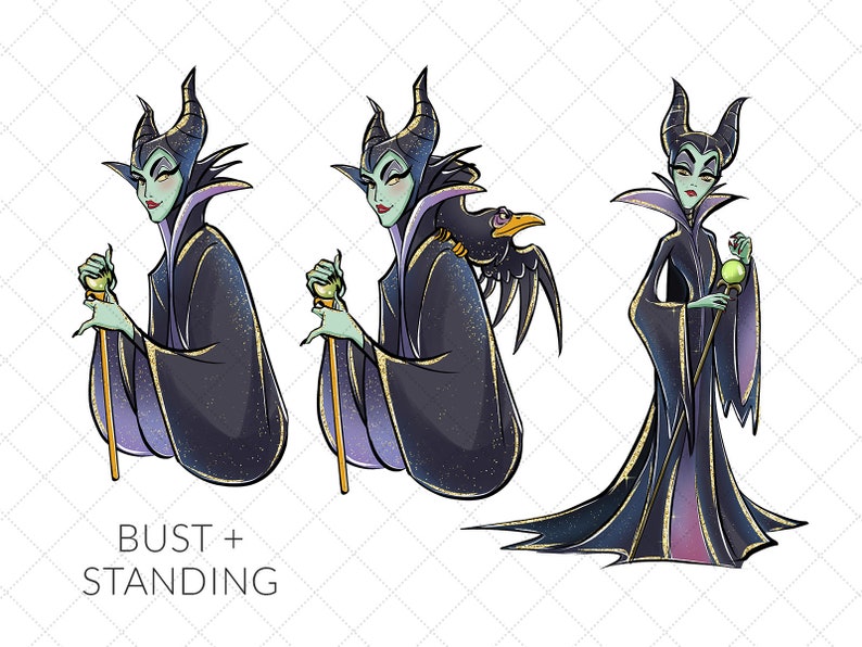 May include: A digital illustration of Maleficent from Disney's Sleeping Beauty. She is depicted in three poses: standing, bust, and bust with her raven. She is wearing a black and gold gown with a pointed hat and holding a staff with a green orb.