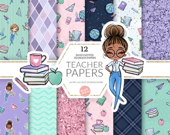 May include: Twelve hand-painted digital papers featuring a teacher girl with glasses and a stack of books. The papers include various patterns such as plaid, polka dots, glitter, and geometric shapes. The papers are 300 DPI and 12x12 inches.