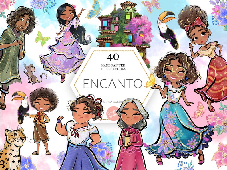 May include: 40 hand-painted illustrations of characters from the animated film Encanto. The illustrations feature a variety of characters, including Mirabel, Bruno, and Abuela. The illustrations are in a colorful, whimsical style and are perfect for use in scrapbooking, card making, or other creative projects.
