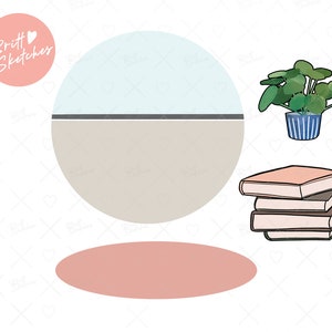 May include: Illustration featuring a stack of books with peach-colored covers, a potted plant with green leaves and a blue and white striped pot, and a geometric design. The text "Britt Sketches" is in a pink circle.