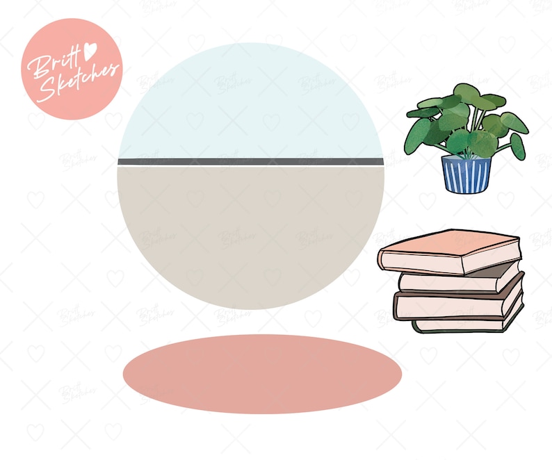 May include: Illustration featuring a stack of books with peach-colored covers, a potted plant with green leaves and a blue and white striped pot, and a geometric design. The text "Britt Sketches" is in a pink circle.